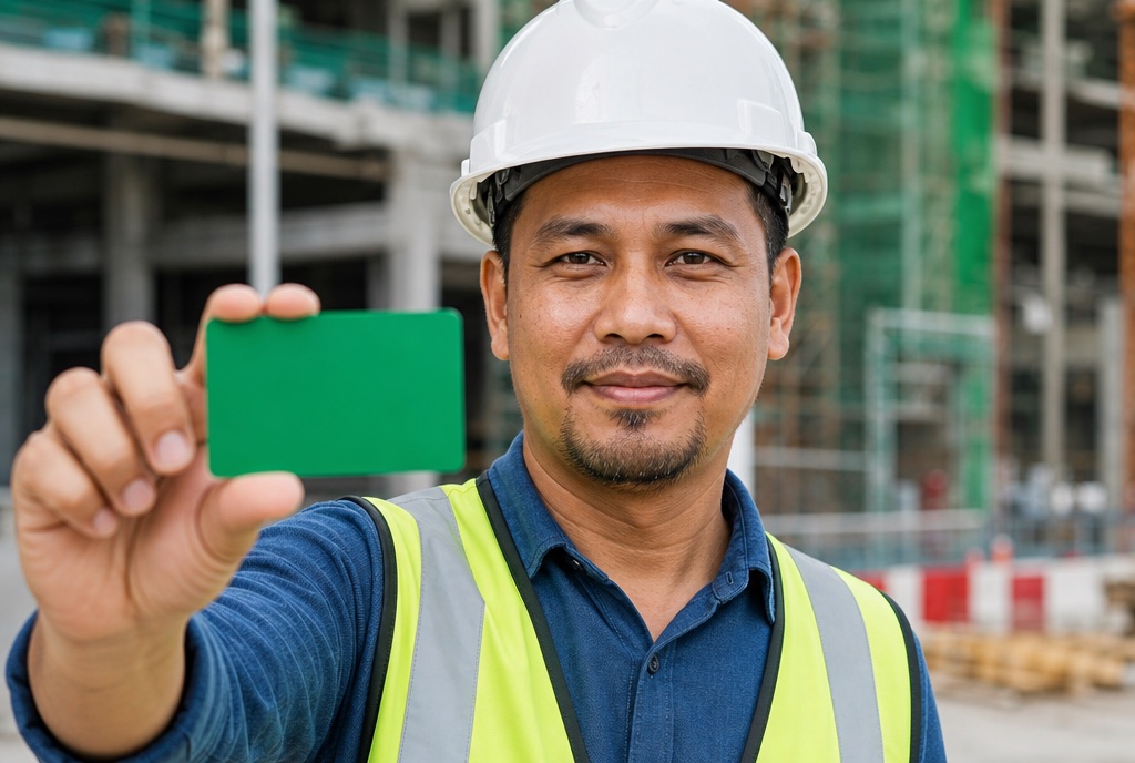 Contractor holding a green contractor registration card on site