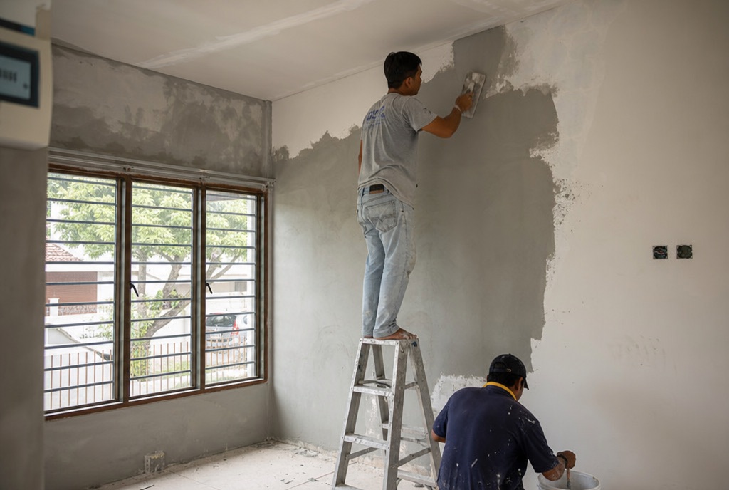 Worker renovating a single terrace house interior