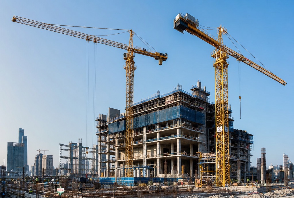 Large commercial construction site with tower cranes and a high-rise