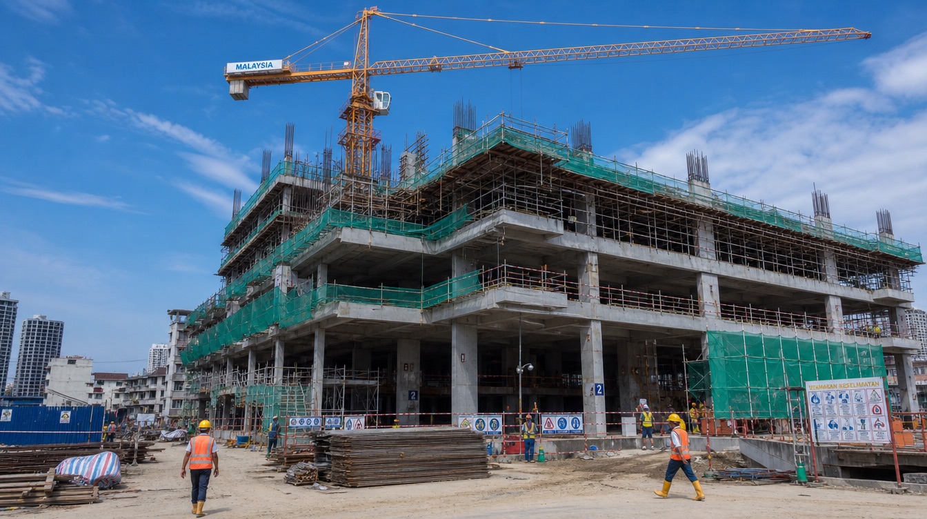 Large construction site with a tower crane