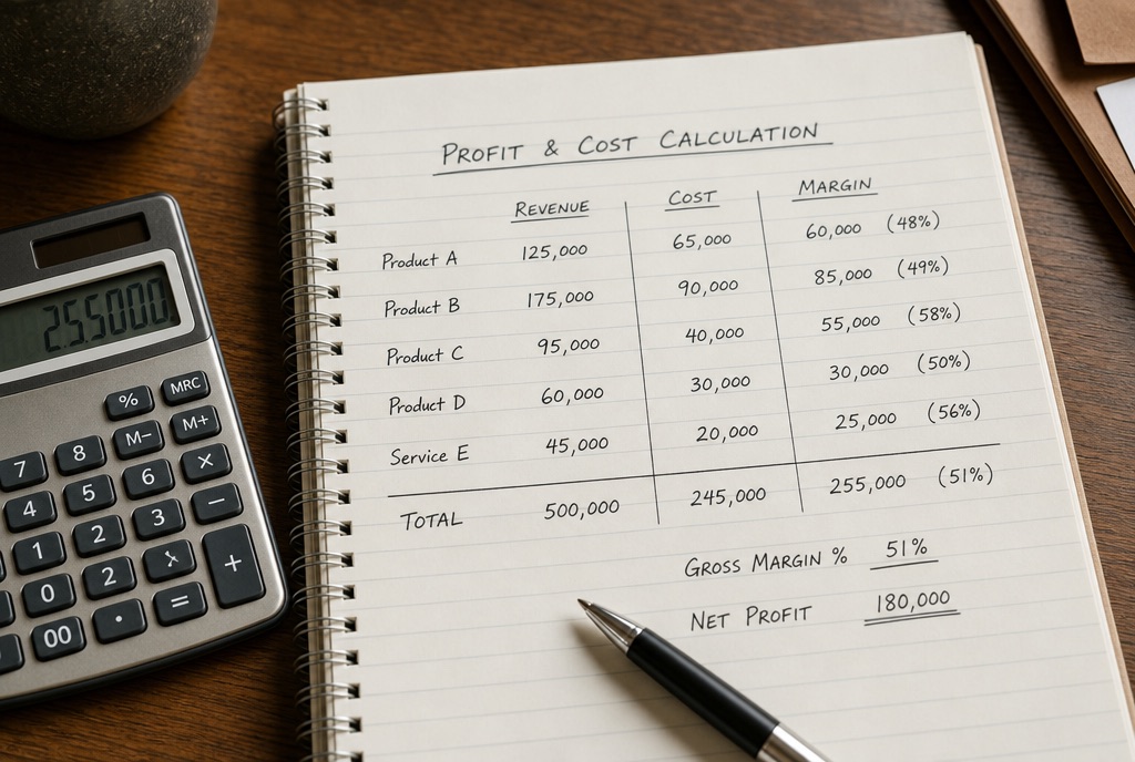 Profit and cost calculation on a notepad with a calculator