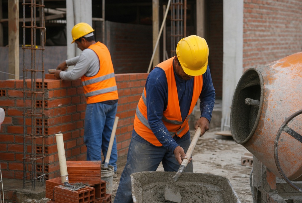 Construction workers laying bricks, representing labour and material cost