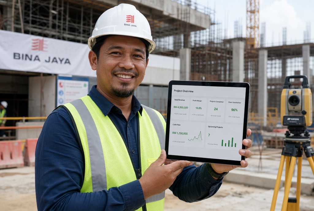 Contractor smiling while viewing a positive dashboard on a tablet