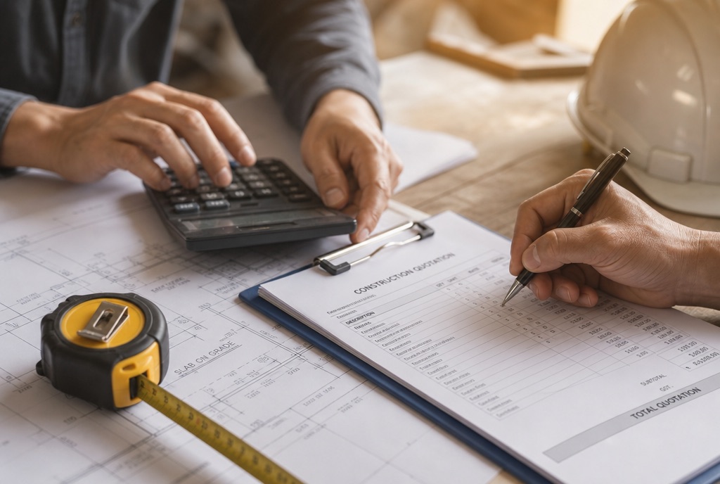 Contractor writing itemised line items on a quotation with a calculator
