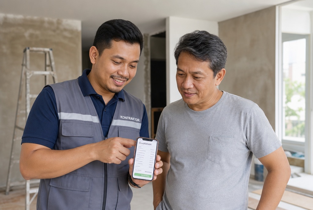 Contractor showing a quotation on a phone to a homeowner at a renovation site