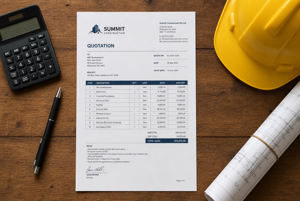 A printed A4 construction quotation with a calculator, pen and hard hat