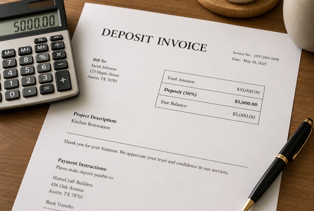 A deposit invoice showing a 50% deposit amount with a calculator