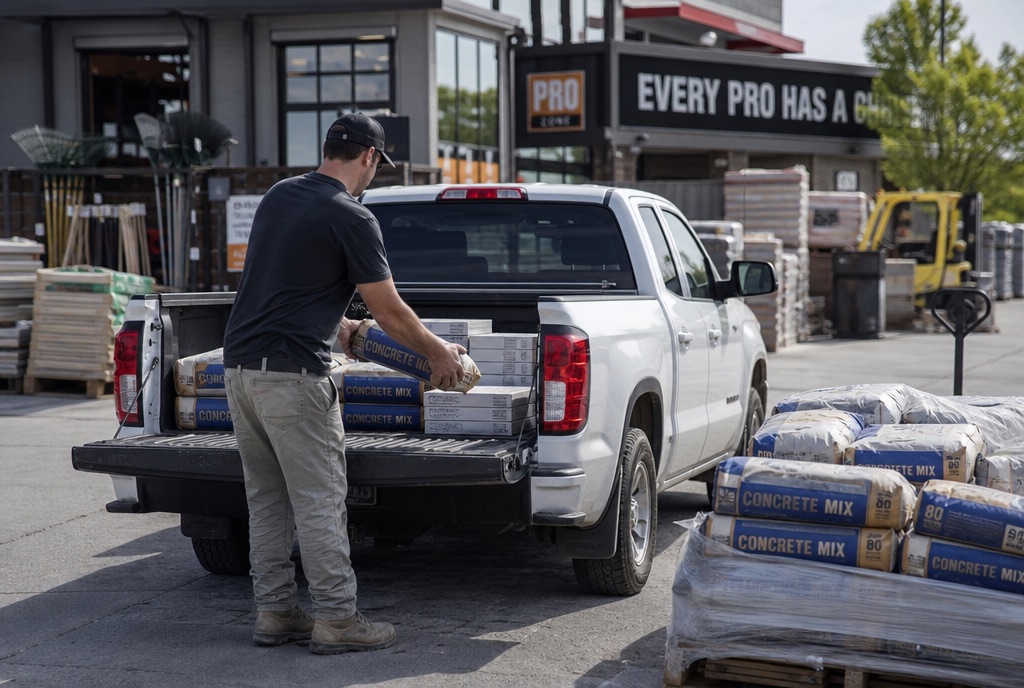 Contractor loading cement and tiles into a truck at a supplier