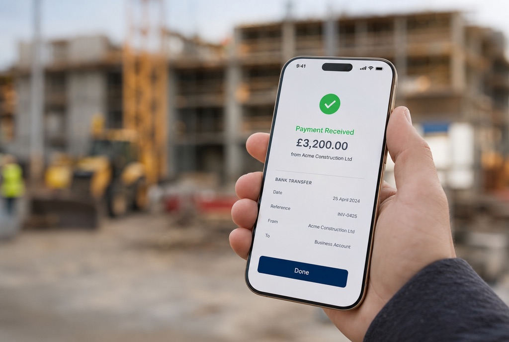 Hand holding a phone showing a payment received notification