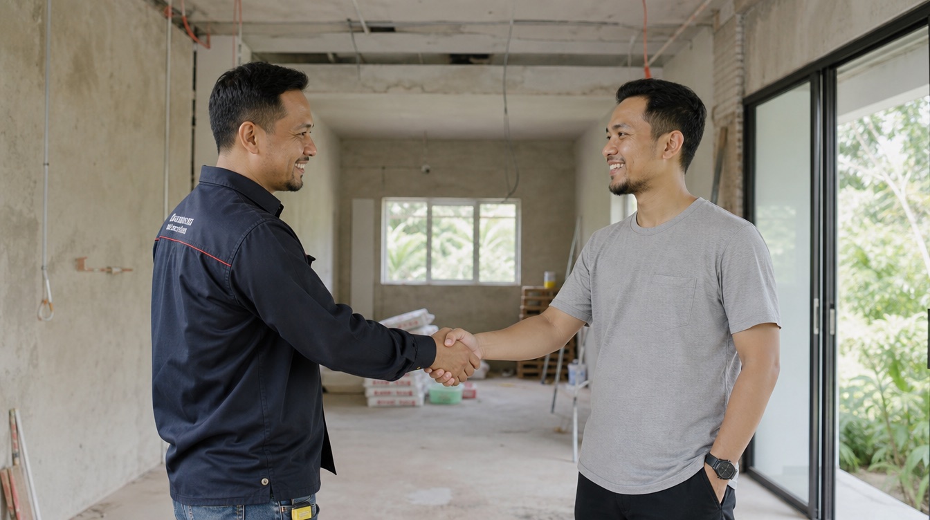 Contractor and homeowner shaking hands on a renovation