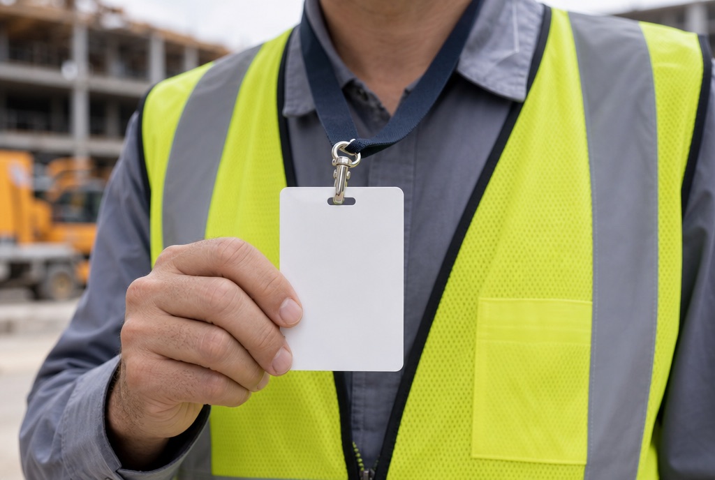 Worker holding a laminated ID permit card on a lanyard