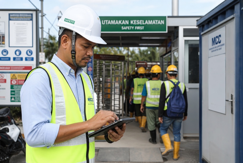 Site supervisor checking worker records on a tablet at the site entrance
