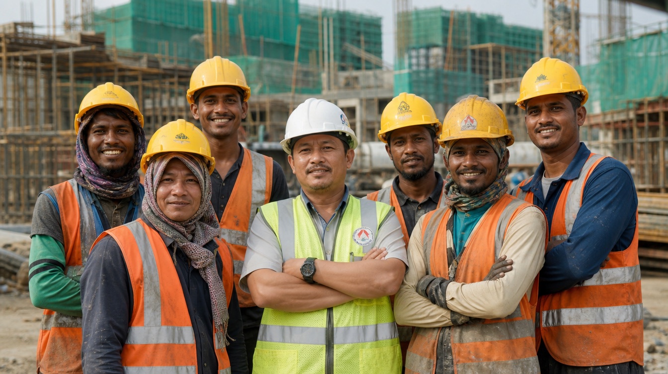 A construction crew standing together on site