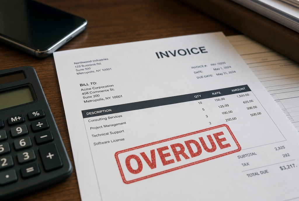 An overdue invoice beside a calculator and phone