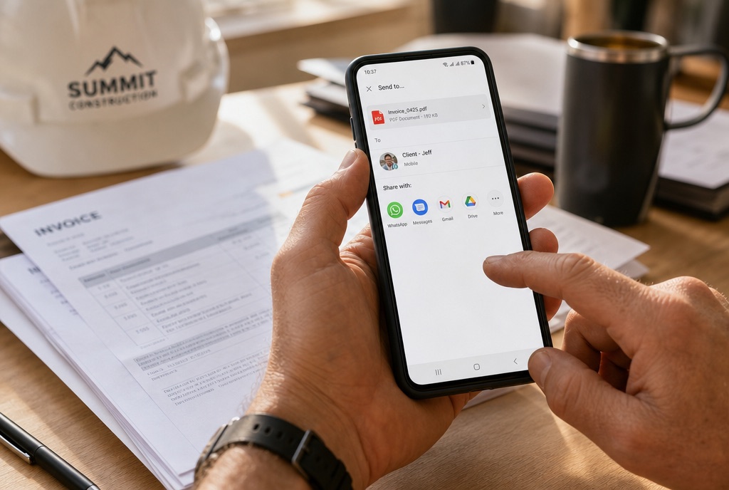 Contractor sending an invoice PDF from a smartphone