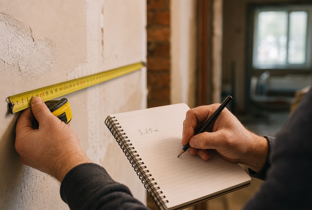 Hands measuring a wall with a tape measure and noting the dimension