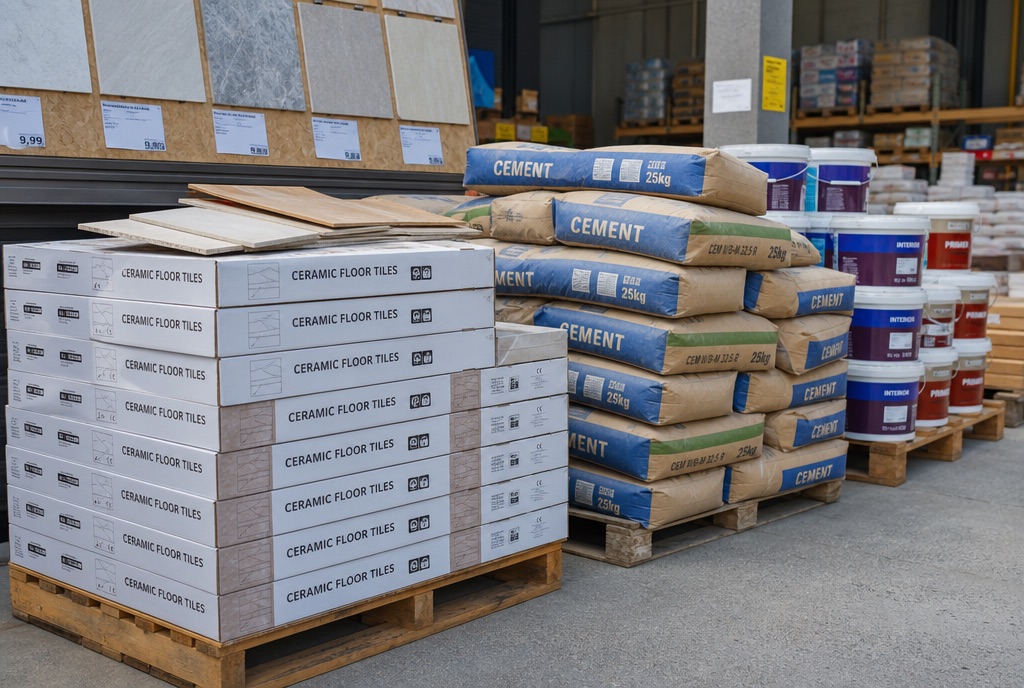 Stacked renovation materials — tiles, cement and paint at a supplier