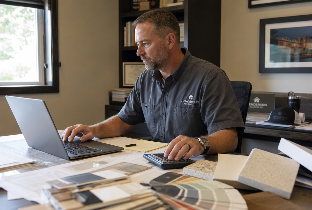 Contractor building a cost estimate on a laptop with tile and paint samples