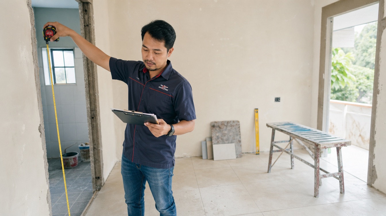 Contractor measuring a room to price a renovation