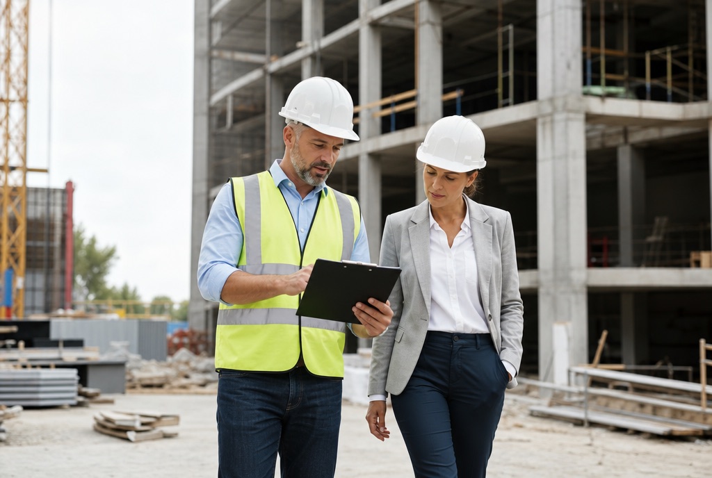 Contractor and client walking a site reviewing progress documents
