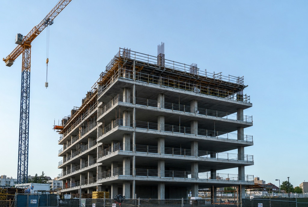 A building at roughly half completion with scaffolding