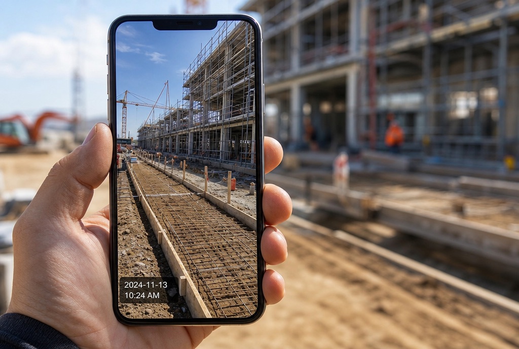Phone showing a site progress photo with a date and time stamp