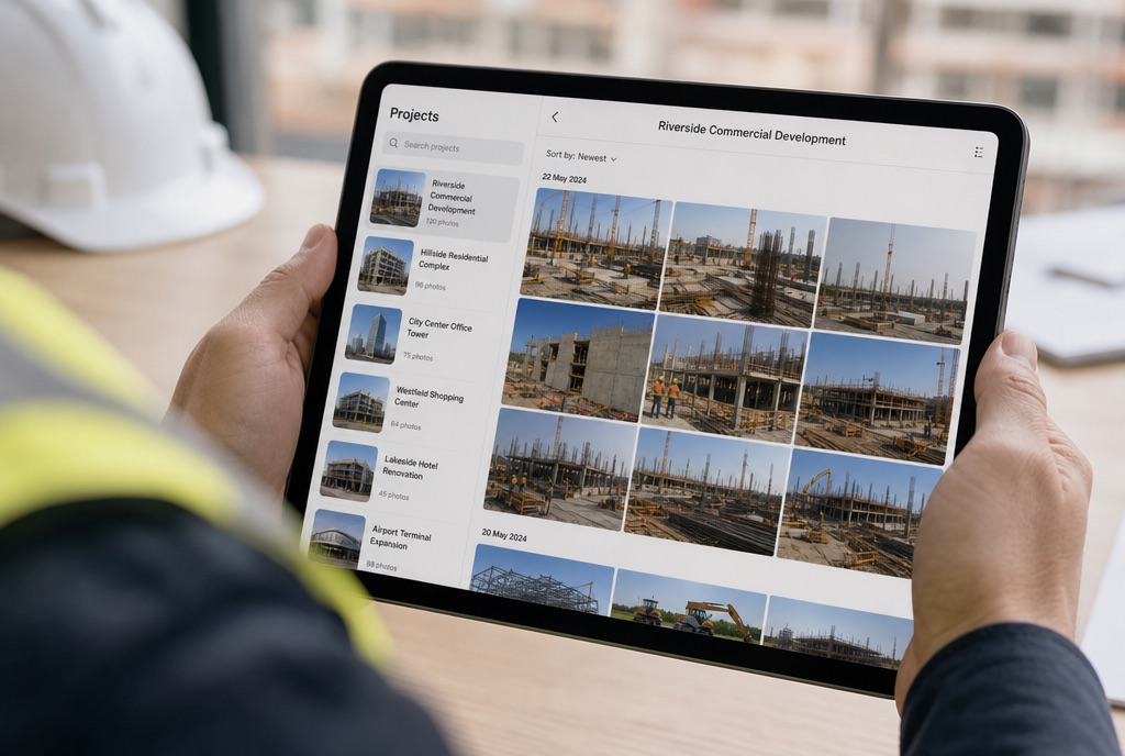 Tablet showing a gallery of site photos organised by project