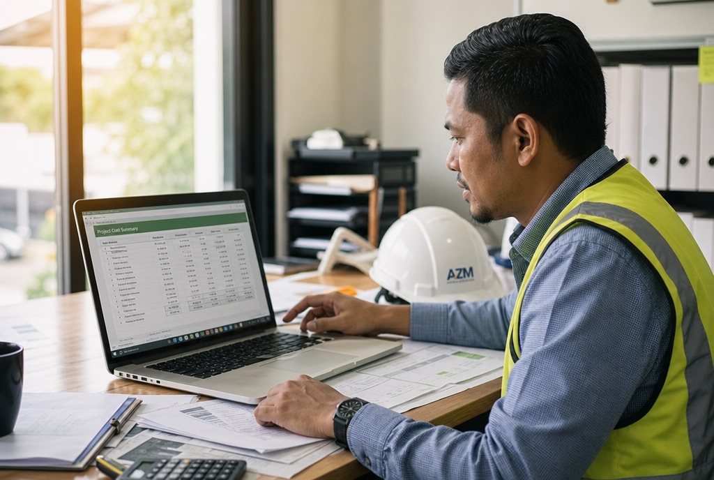 Contractor reviewing financial figures on a laptop in a site office