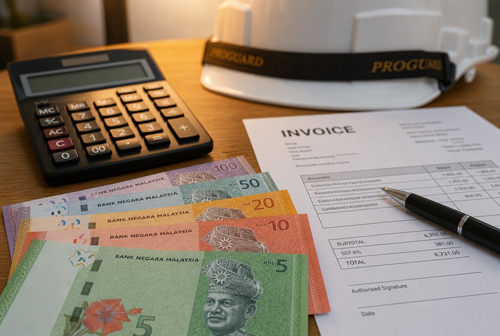 Ringgit banknotes, a calculator and an invoice on a desk