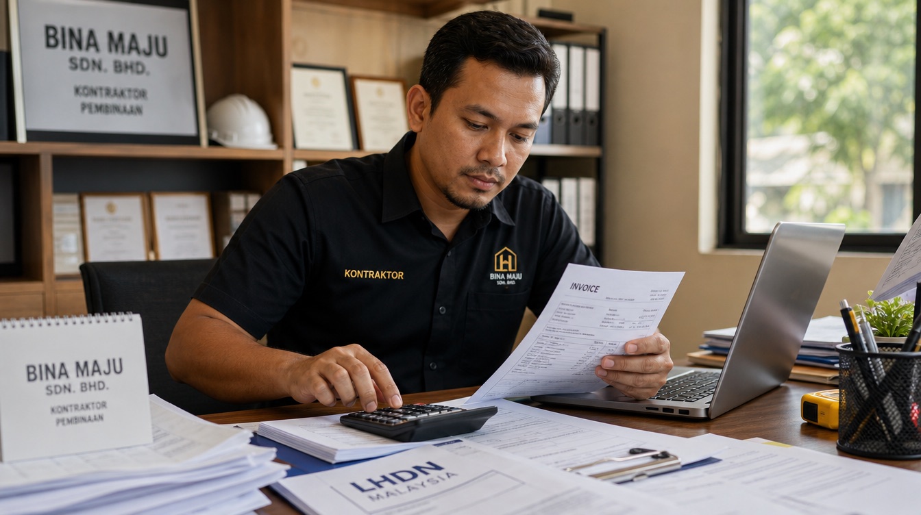 Contractor reviewing an invoice and tax paperwork