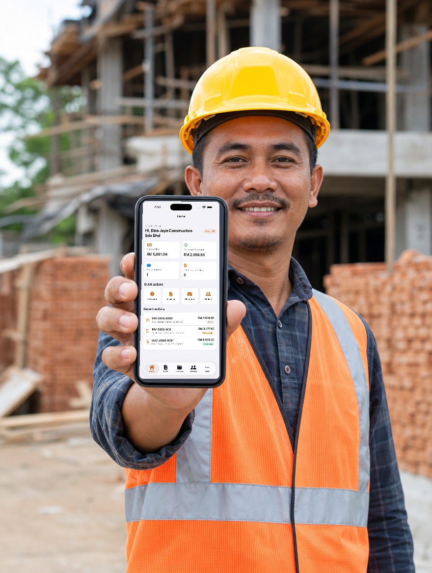 Contractor holding a phone showing the MORTAR dashboard